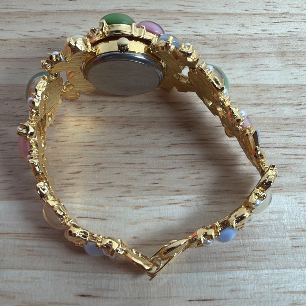 Spatz Hidden Dial Gold Tone Cabochon Watch Moonstone Pearl Bracelet New Battery - Picture 7 of 9
